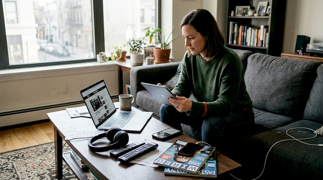 Woman multitasking with consumer electronics at home