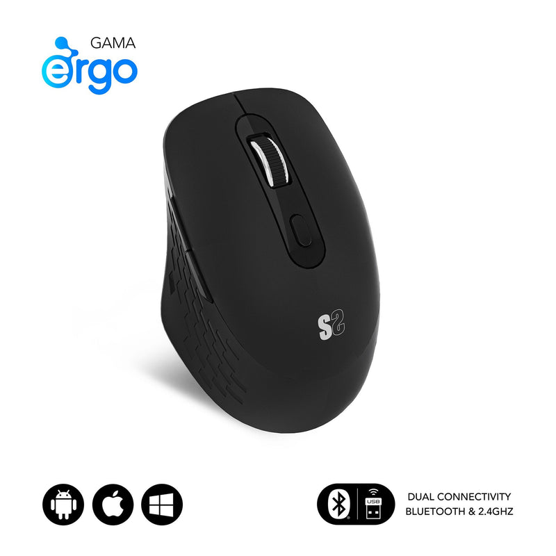 Subblim Mouse Curve Ergo Dual Wireless Bluetooth, USB 2.4GHZ 1600DPI - 5 Buttons - Uso Diestro - Black