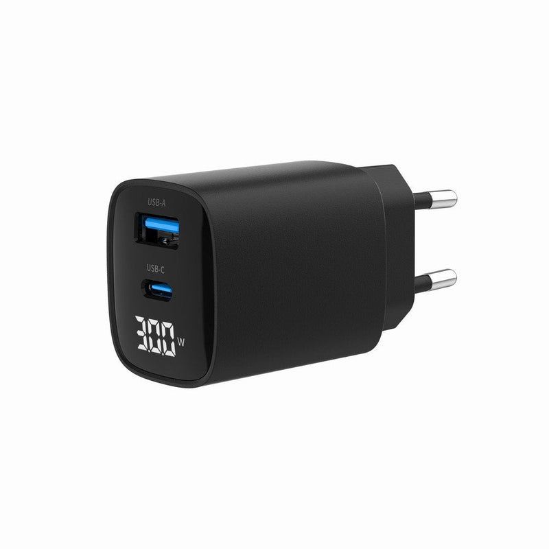 Gembird Fast Charger USB 2 Ports And 30W USB Type-c + USB-A LCD Black
