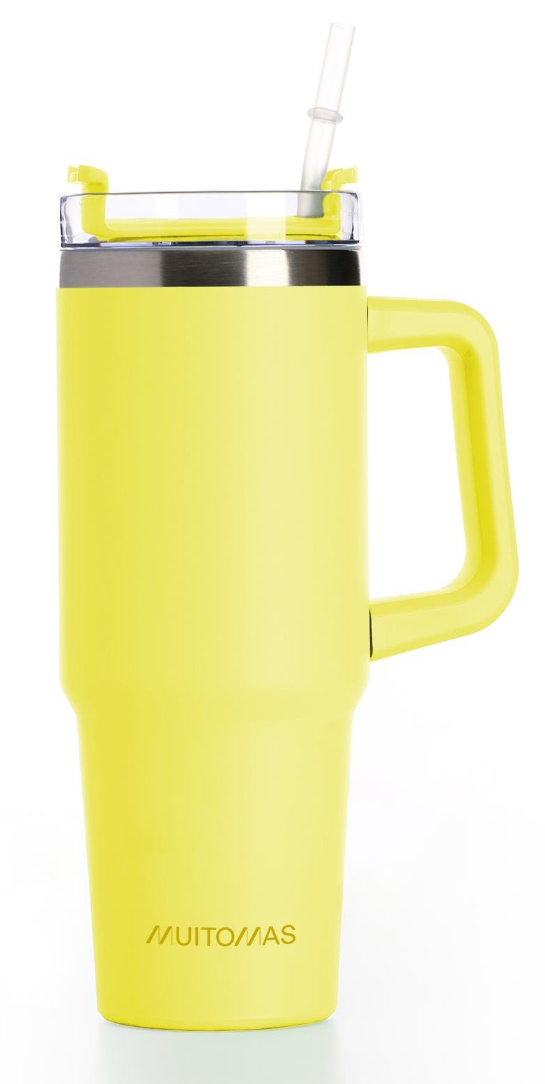 Muitomas, Mug Thermal Travel Steel With Pajita, Bebidas Calientes And Frías, 900ML, Colour Yellow