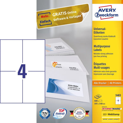 Avery Zweckform 3483 Label Self-adhesive White Rectángulo Permanente 400 Pieces — image 1