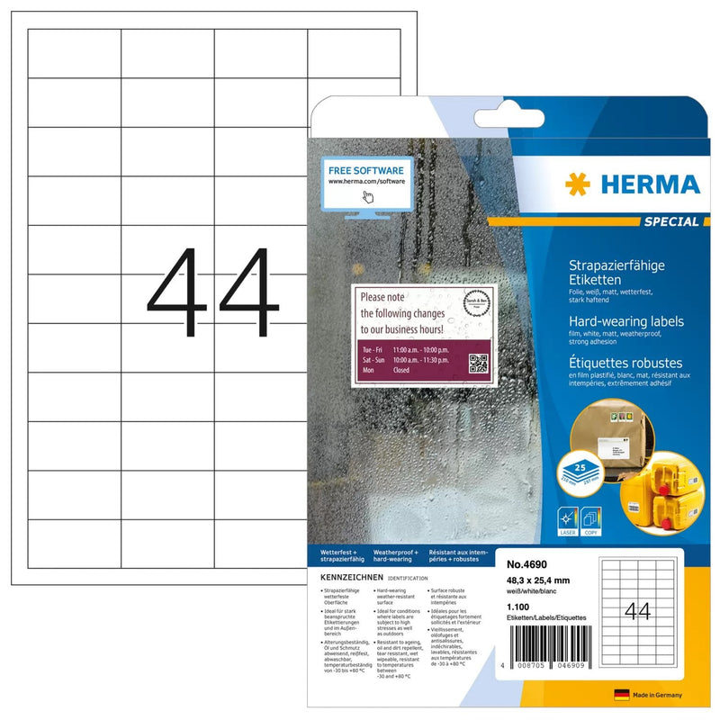 Herma Hardwearing Labels 4690 25 Sheets 1100 Pcs. 48,3X25,4 Labels