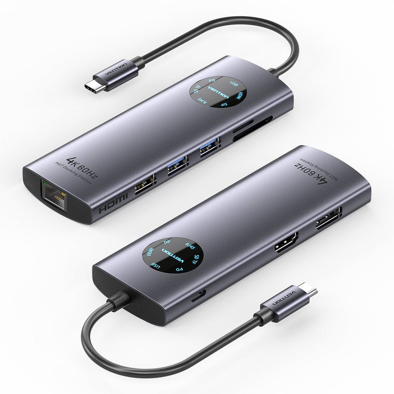 Vention Docking USB Type-c Tquhb 1x HDMI 4K 1x DISPLAYPORT 3x USB 1x RJ45 1x USB Type-c Pd 1XLECTOR Cards Grey