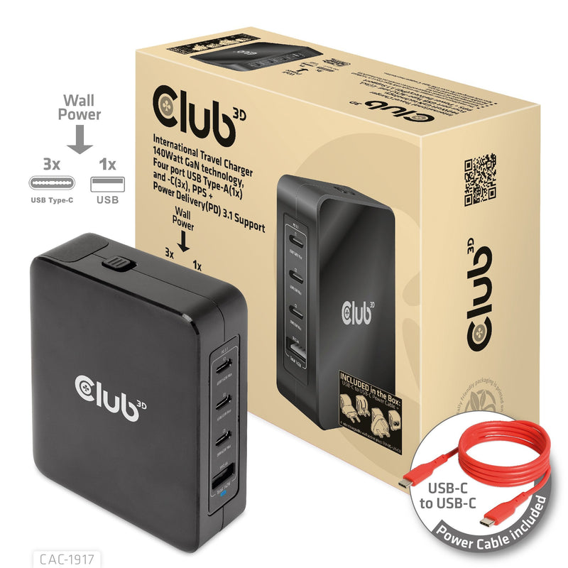 CLUB3D Charger 3x USB Typ C, 1x USB Typ a, Pd 140W Retail