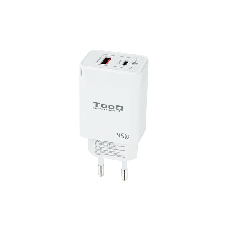 TooQ Wall Charger GaN USB-C/Pd + USB-A/Qc 45W - White