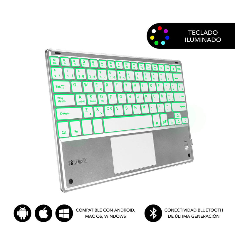 Subblim Keyboard Bluetooth SMBT50 With Touchpad Smart Blacklit Silver Bt 3.0 Keys Iluminadas Battery 420MAH Co