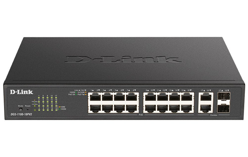 D-link DGS-1100-18PV2 Switch Gestionado L2 Gigabit Ethernet (10/100/1000) Energía Sobre Ethernet (PoE) 1U Blac
