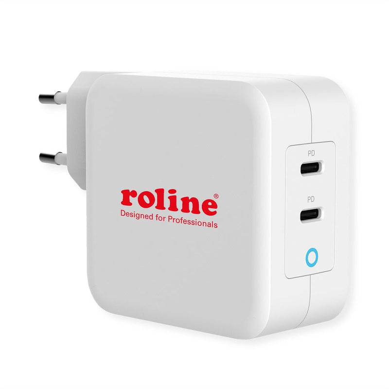 Roline Charger USB With Plug Europeo, 2 Ports Type-c (pd), GaN, 100W.