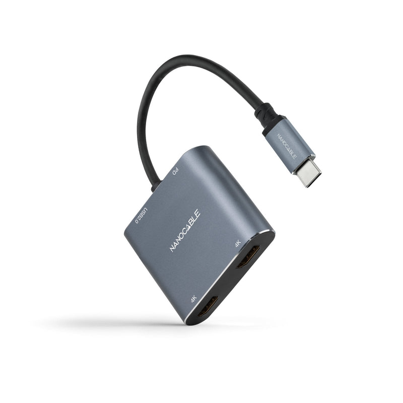 Nanocable Converter USB-C a 2x Hdmi, 1x USB 2.0 And 1x USB-C Pd - Length Cable 15CM - Grey