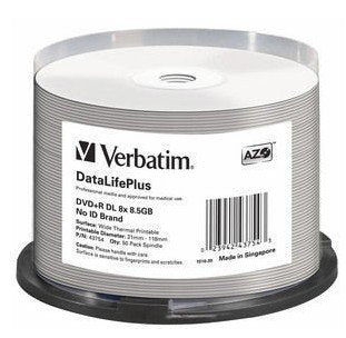 Verbatim Dvd R Double Layer 8.5GB 8X Wide Thermal Printable 50 Pieces — image 1