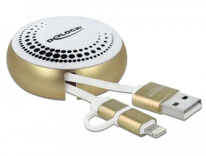 Delock USB 2 In 1 Cable Retractable Type a Micro-b And Lightning™ White Gold