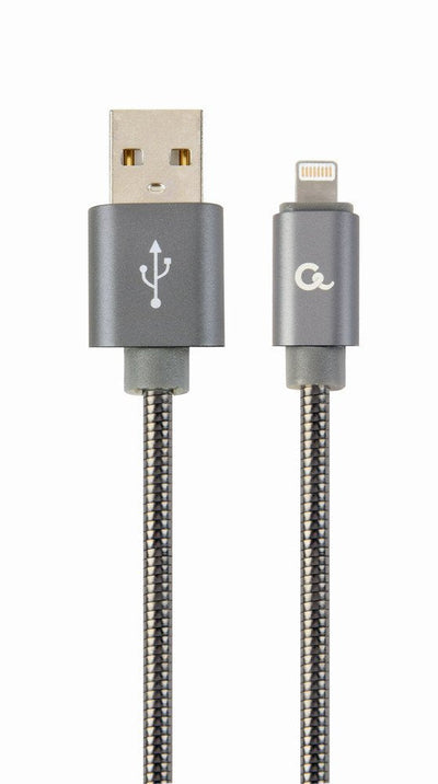 Gembird CC-USB2S-AMLM-2M-BG Premium Cable Charging And Datos Metal Espiral 8 Pines, 2M, Grey Metallic — image 1