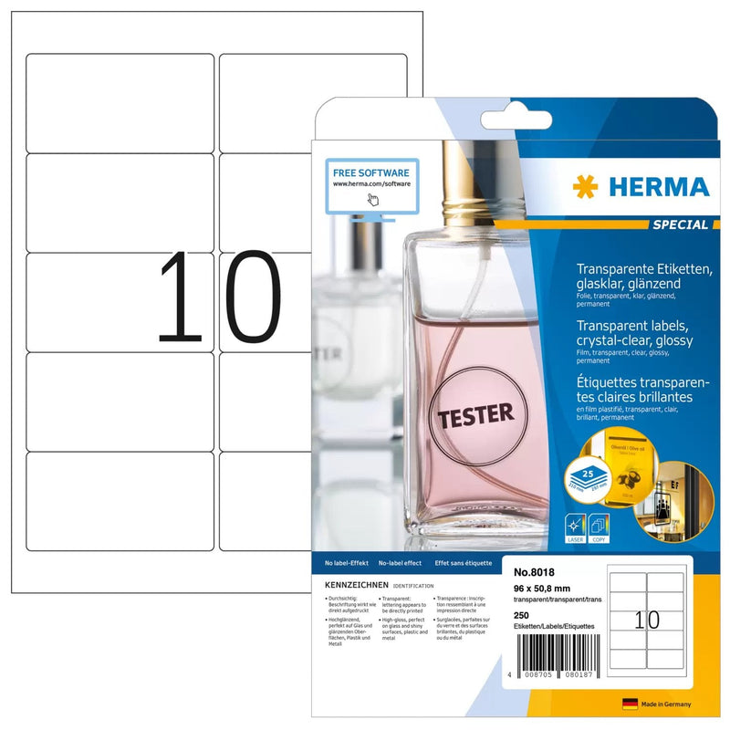 Herma Label . Transparenteee A4 96X50,8MM Lámina Glossy 250 Pieces