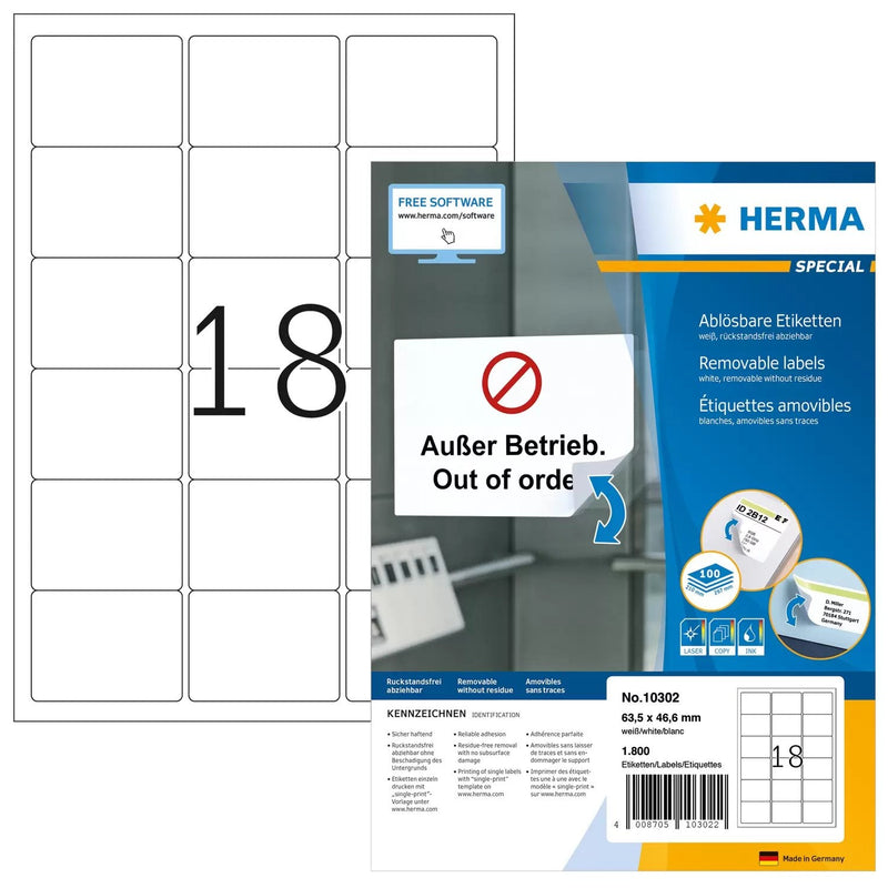 Herma Labels A4 White 63,5X46,6MM Removable Paper 1800 PC