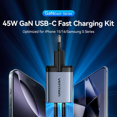 Vention Wall Charger GaN TZ-FCDH0-EU 2x USB Type-c + USB Cable Type-c 45W — image 1