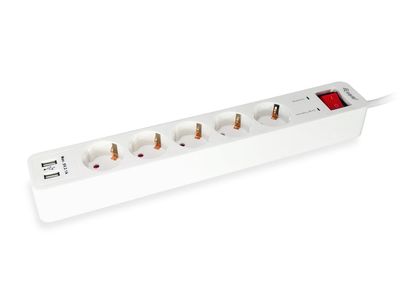 Equip Power Strip With 5 Sockets Network Cable 1.5 Metres + 2 Ports USB And Button Apagado Encendido