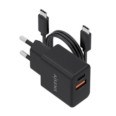 Aisens Charger GaN 20W With USB Cable -c 1M, 1x USB-C PD 3.0, 1x USB-A QC3.0, Black — image 1