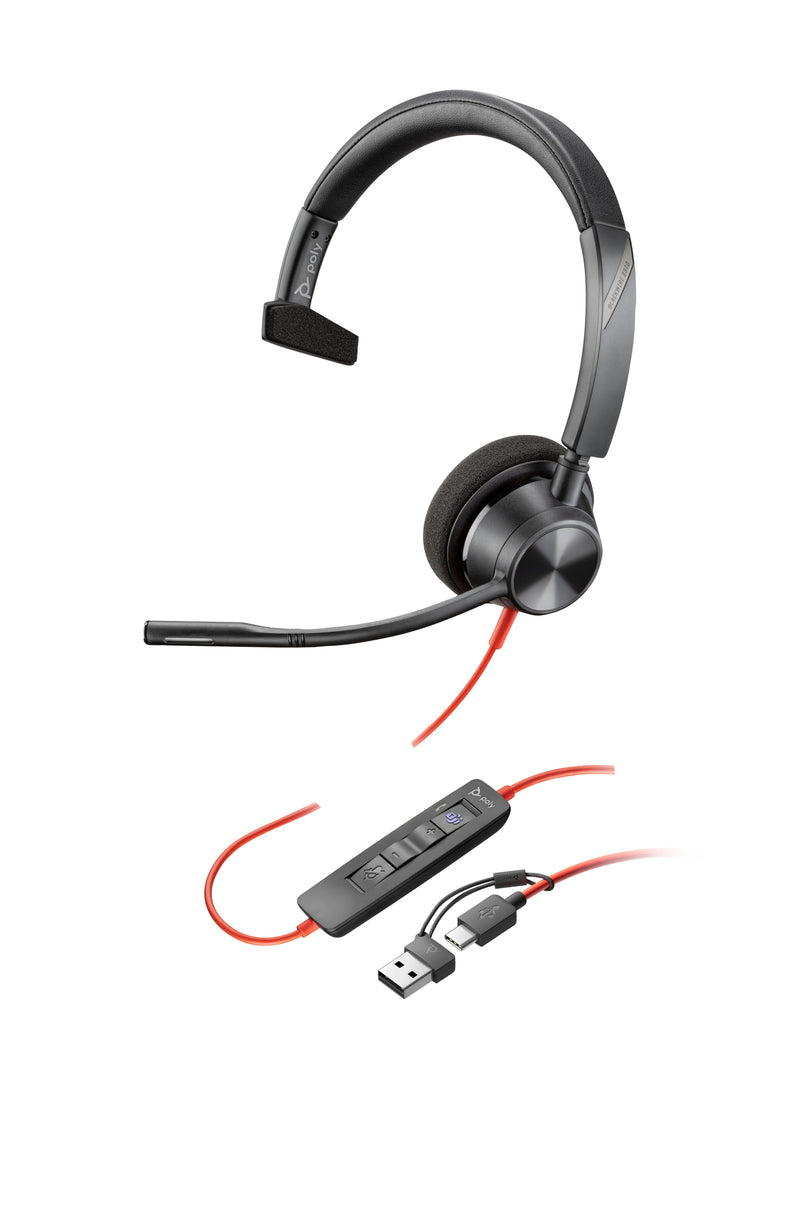 Poly HP Auriculares Monoaurales Blackwire 3310 Con Certificación Microsoft Teams USB-C + Adaptador USB-C/a