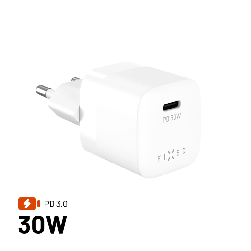 Fixed Mini USB-C GaN Charger 30W, White