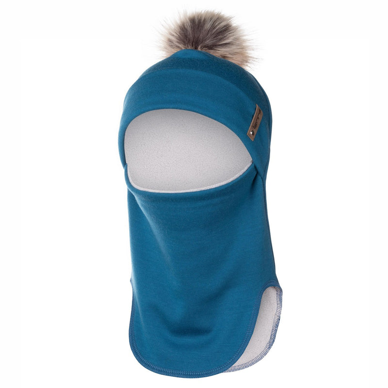Teal Blue Merino Wool Pom-Pom Balaclava